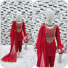 Attractive Embroidery Sequences Work Red Color Suit