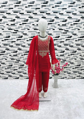 Attractive Embroidery Sequences Work Red Color Suit