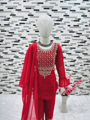 Attractive Embroidery Sequences Work Red Color Suit