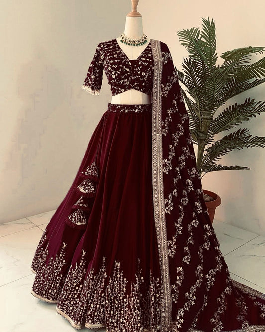 Captivating Maroon Color Heavy Embroidery Sequence Work Lehengha Choli