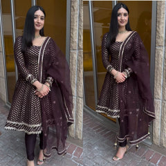 Captivating  Embroidery Sequence Work Brown Color Anarkali Suit