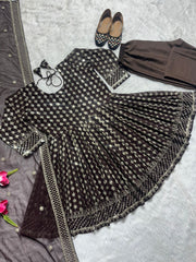 Captivating  Embroidery Sequence Work Brown Color Anarkali Suit