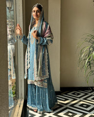 Stylish Embroidery Sequins Work Sky Blue Color Anarkali Suit
