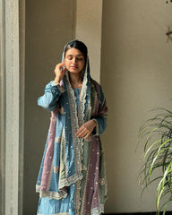 Stylish Embroidery Sequins Work Sky Blue Color Anarkali Suit