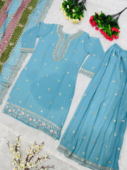 Stylish Embroidery Sequins Work Sky Blue Color Anarkali Suit