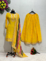 Stylish Embroidery Sequins Work Yellow Color Anarkali Suit