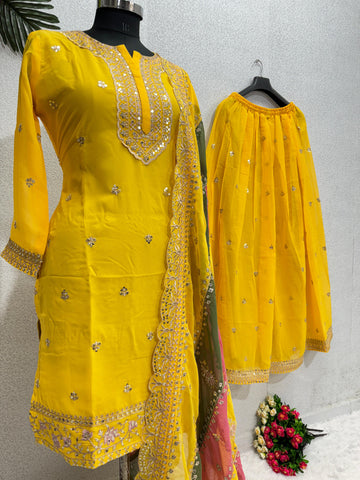 Stylish Embroidery Sequins Work Yellow Color Anarkali Suit
