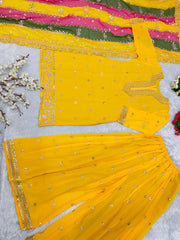 Stylish Embroidery Sequins Work Yellow Color Anarkali Suit