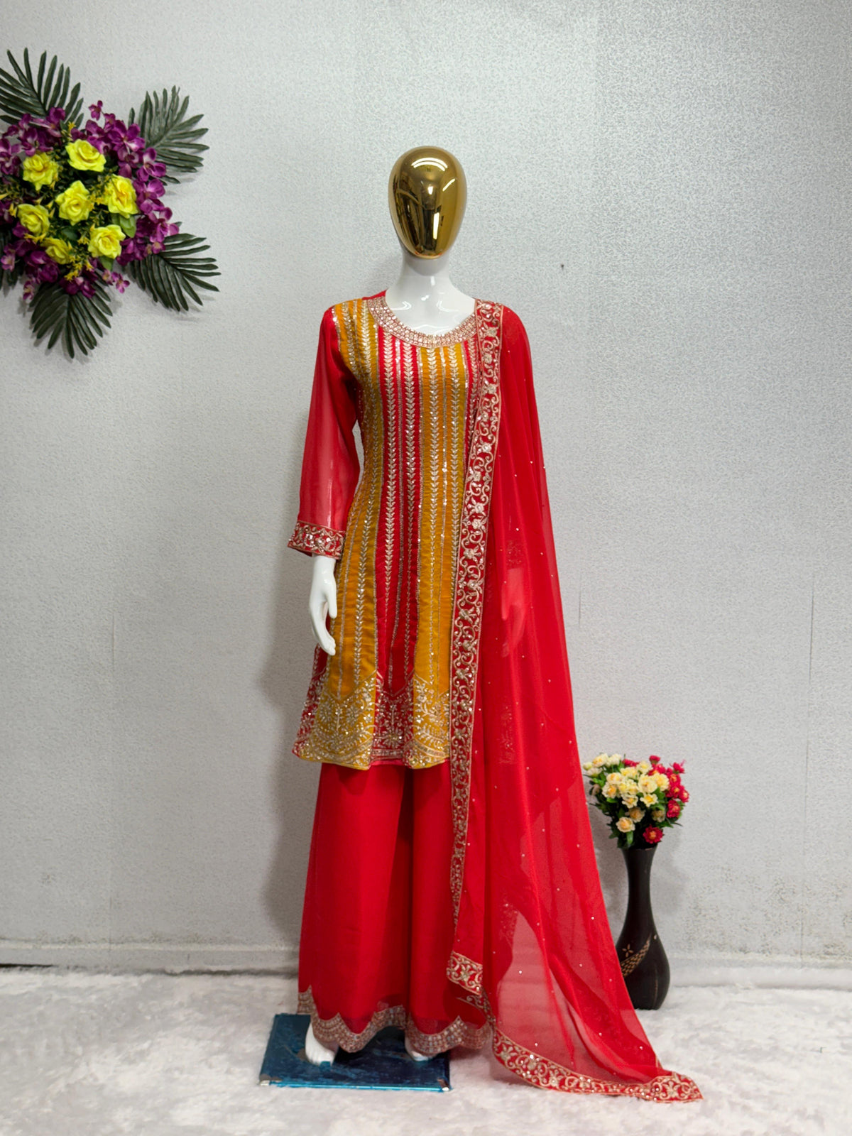 Captivating Embroidery Sequences Work Yellow Color Sharara suit