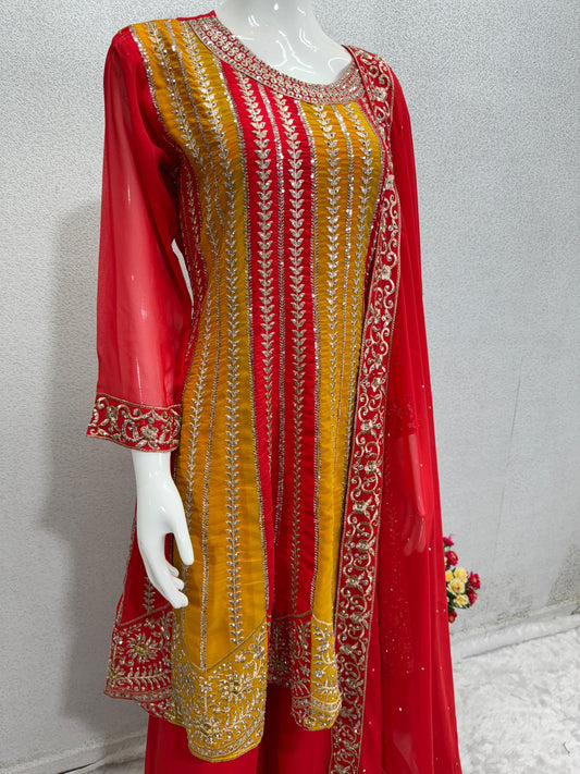 Captivating Embroidery Sequences Work Yellow Color Sharara suit