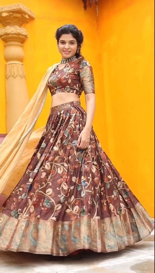 Glimmering  Kalamkari Print Work Malhari Silk Lehenga Choli