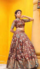 Glimmering  Kalamkari Print Work Malhari Silk Lehenga Choli