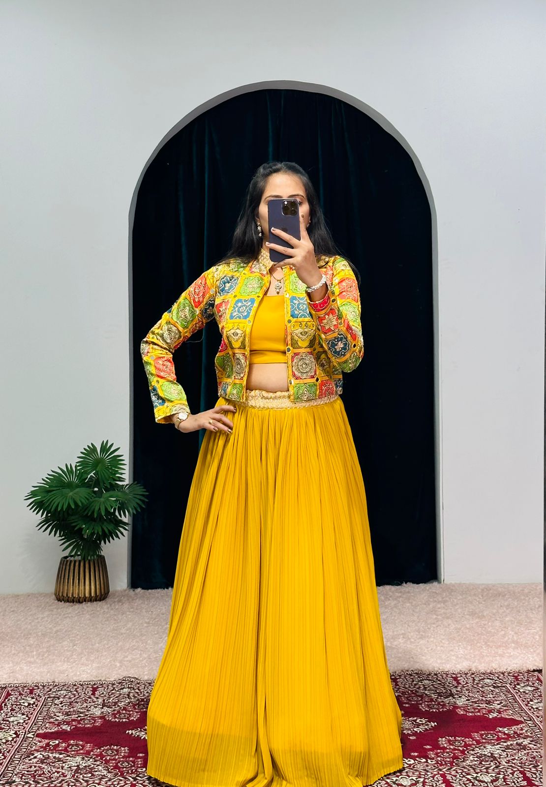 Fashionable Yellow Color Hadi Wear Kashmiri Mirror Work Lehenga Choli