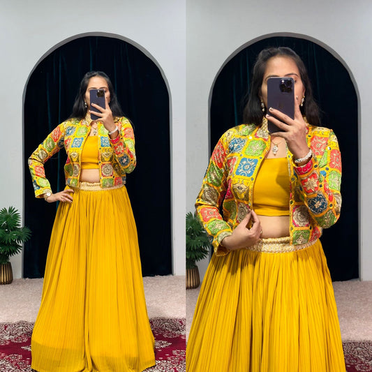 Fashionable Yellow Color Hadi Wear Kashmiri Mirror Work Lehenga Choli