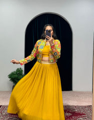 Fashionable Yellow Color Hadi Wear Kashmiri Mirror Work Lehenga Choli