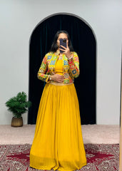 Fashionable Yellow Color Hadi Wear Kashmiri Mirror Work Lehenga Choli