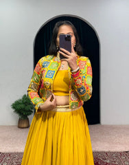 Fashionable Yellow Color Hadi Wear Kashmiri Mirror Work Lehenga Choli