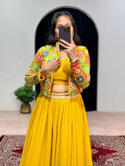 Fashionable Yellow Color Hadi Wear Kashmiri Mirror Work Lehenga Choli