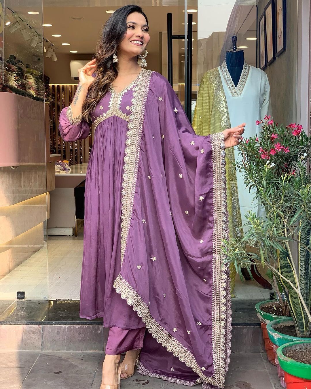 Fashionable Embroidery Sequence Work Purple Color Aliyacut Anarkali Suit