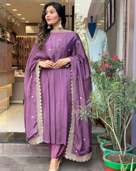 Fashionable Embroidery Sequence Work Purple Color Aliyacut Anarkali Suit