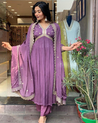 Fashionable Embroidery Sequence Work Purple Color Aliyacut Anarkali Suit