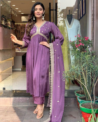 Fashionable Embroidery Sequence Work Purple Color Aliyacut Anarkali Suit