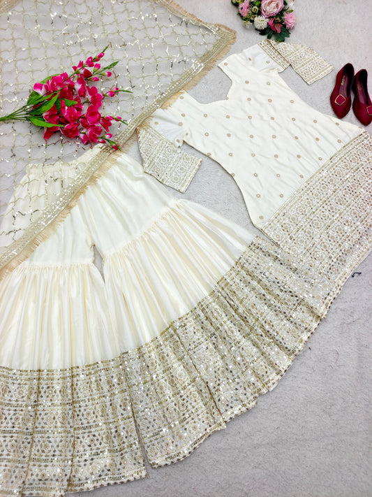 Ravishing Sequences Embroidery Work White Color Sharara Suit