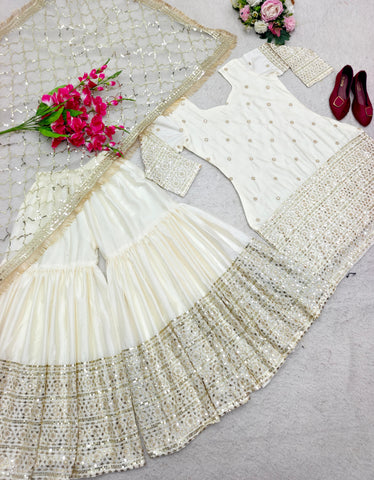 Ravishing Sequences Embroidery Work White Color Sharara Suit