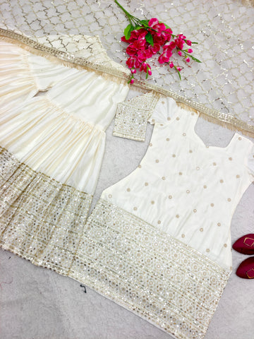 Ravishing Sequences Embroidery Work White Color Sharara Suit