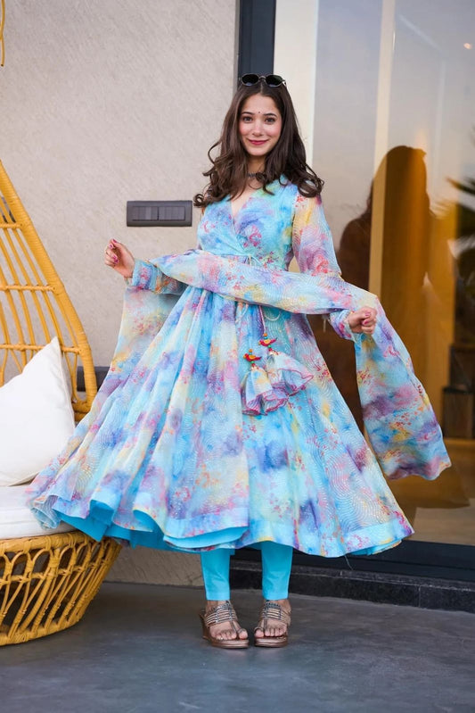 Captivating  Digital Print Sky Blue Color Anarkali Suit