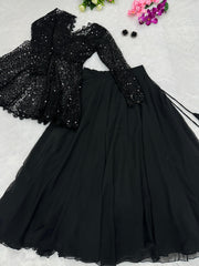 Captivating Embroidery Sequins Work Black Color Top With Lehenga