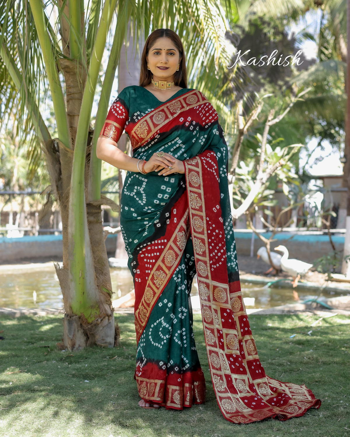 Ceremony Wear Bandhej Silk Saree Green Color Saree