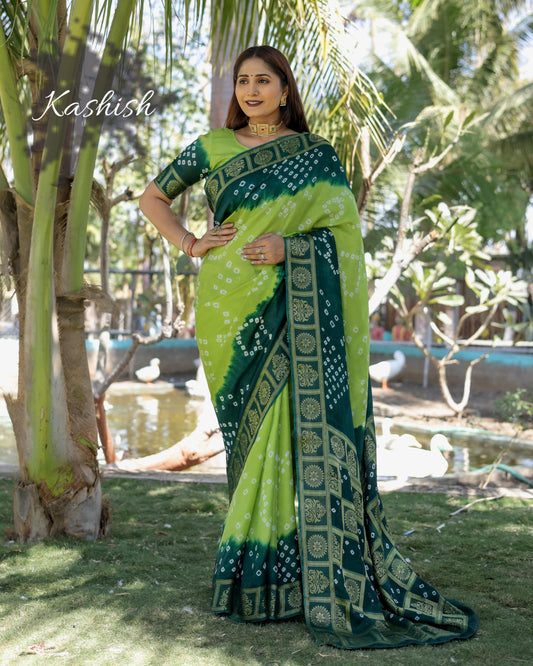 Ceremony Wear Bandhej Silk Saree Perrot Color Saree