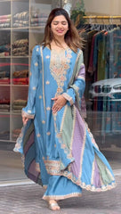 Fashionable Embroidery Sequence Work Blue Color Color Suit