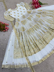 Heavy Embroidery Sequence Work White Color Lehenga Choli