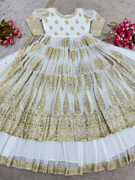 Heavy Embroidery Sequence Work White Color Lehenga Choli