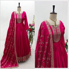 Flattering  Sequence Embroidery Work Pink Color Gown