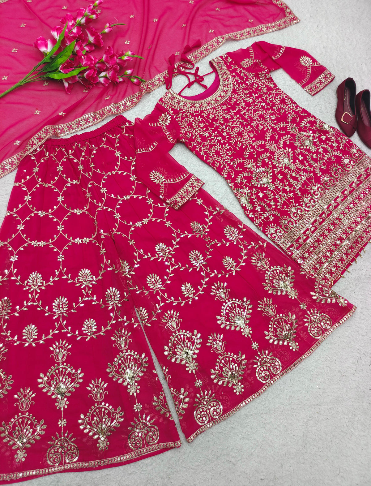 Luxuriant Embroidery Work Pink Color Sharara Suit