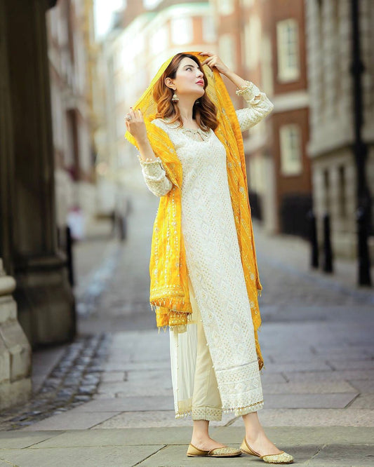 Glorious White Color Salwar Suit Yellow Dupatta