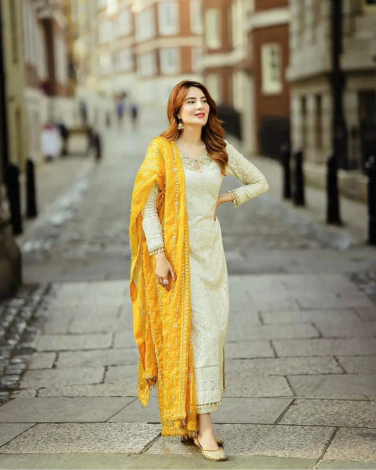 Glorious White Color Salwar Suit Yellow Dupatta