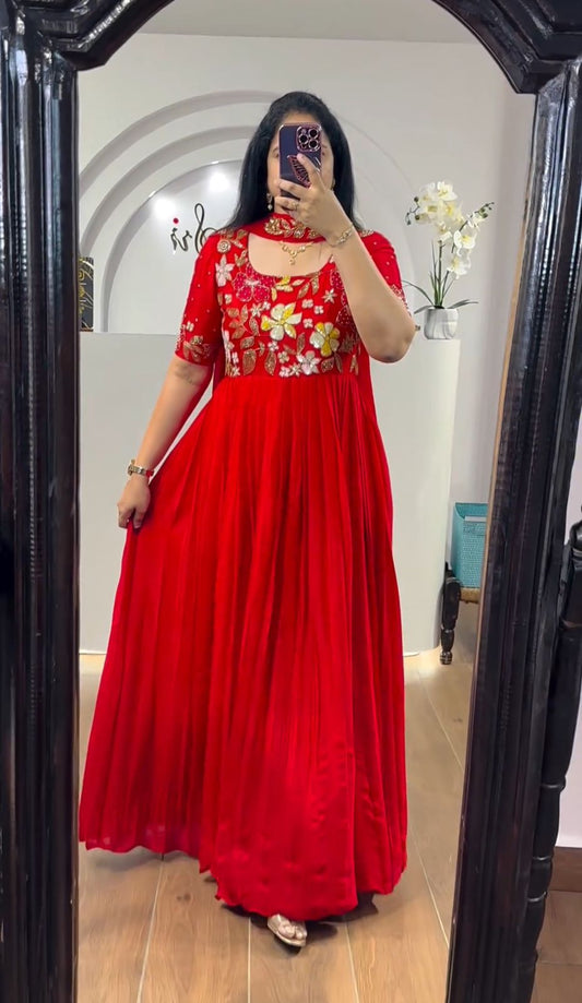 Presenting Embroidered Work Red Color Gown