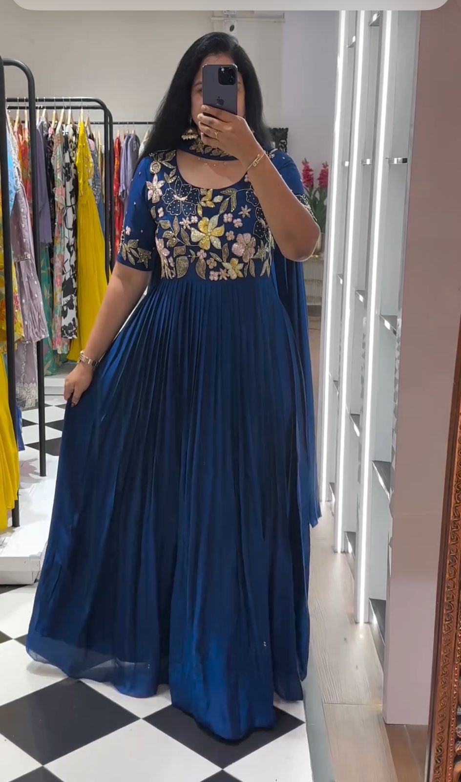 Presenting Embroidered Work Blue Color Gown