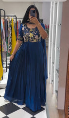 Presenting Embroidered Work Blue Color Gown