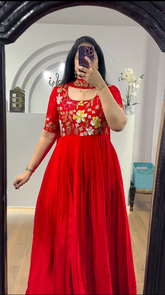 Presenting Embroidered Work Red Color Gown