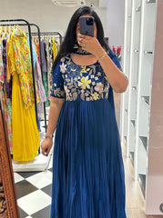 Presenting Embroidered Work Blue Color Gown