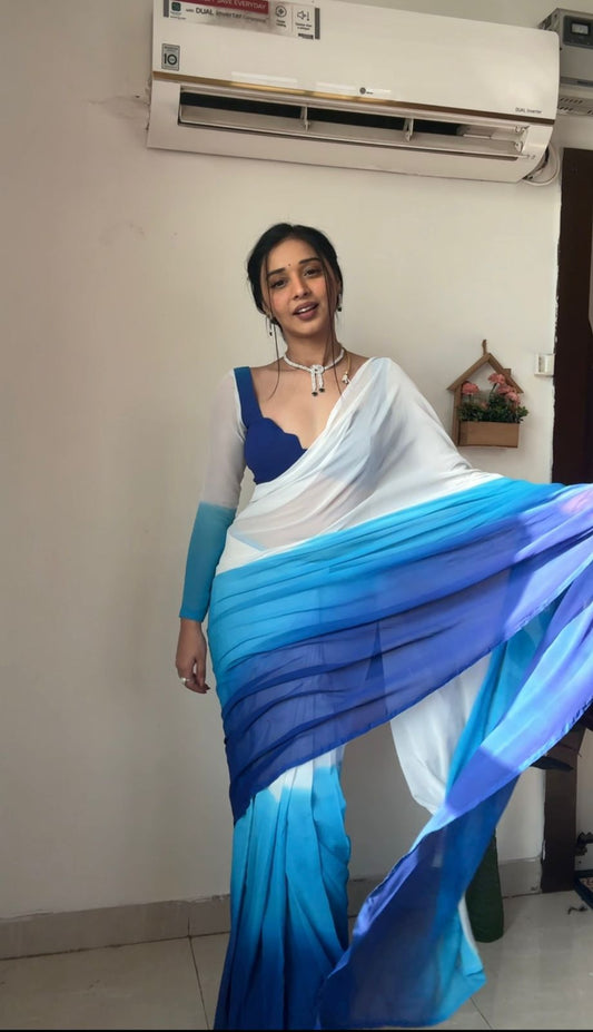 Terrific Ready To Wear Sky And White Color Saree