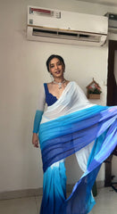 Terrific Ready To Wear Sky And White Color Saree