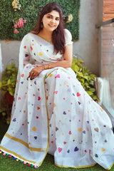 Attractive Multi Color Heart Digital Print White Color Saree