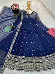 Outstanding Pattern Navy Blue Color Gown