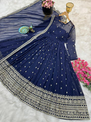 Outstanding Pattern Navy Blue Color Gown